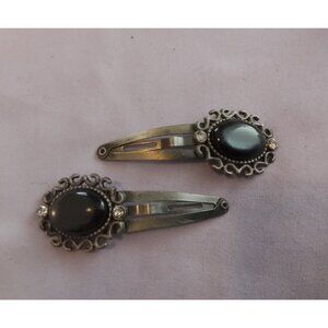 Vintage Silver Tone Hair Clips Barrettes Black & Rhinestone Accents - Set Of 2